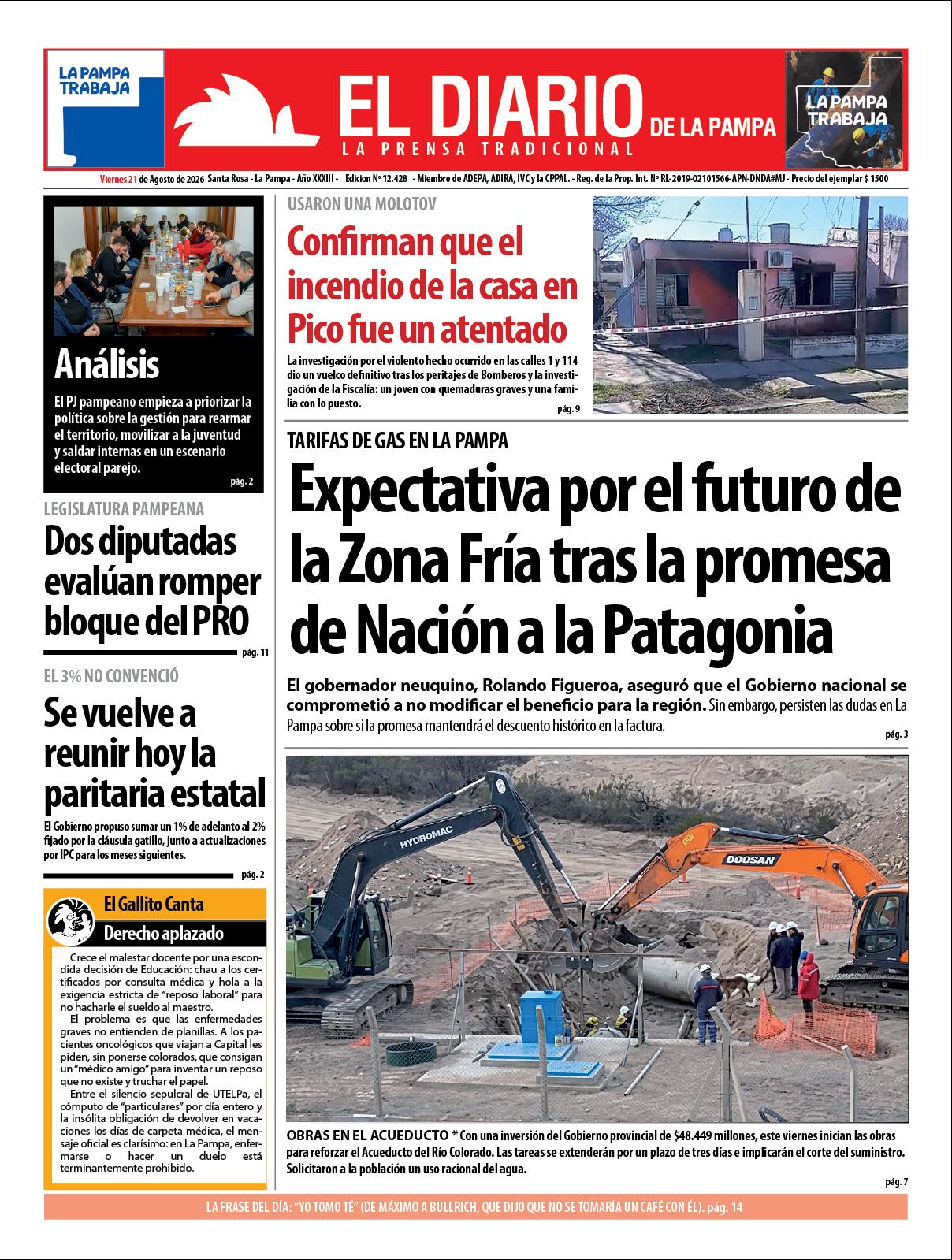 Tapa de El Diario en papel  viernes 21 de agosto de 2026